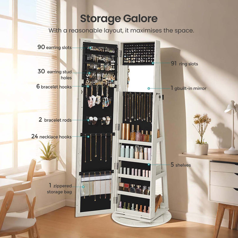 Freestanding Jewellery Armoire with Full Length Mirror and 360 Degree Swivel Design by Songmics