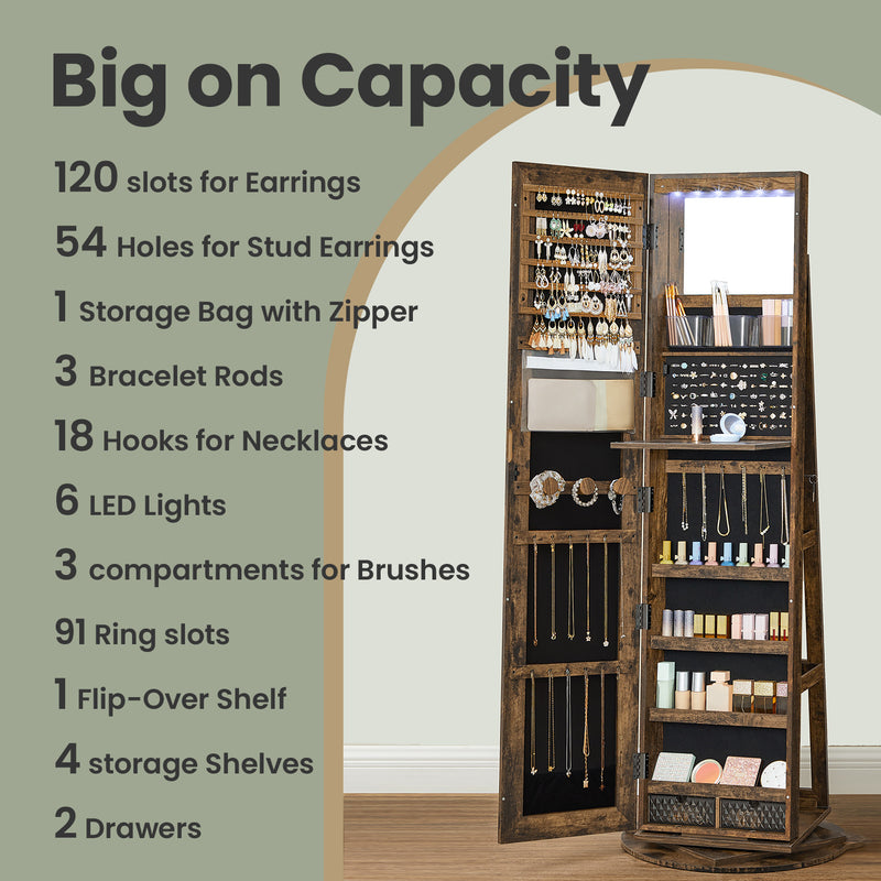 Lockable 360 Degree Swivel Jewellery Armoire with Frameless Full Length Mirror by Songmics