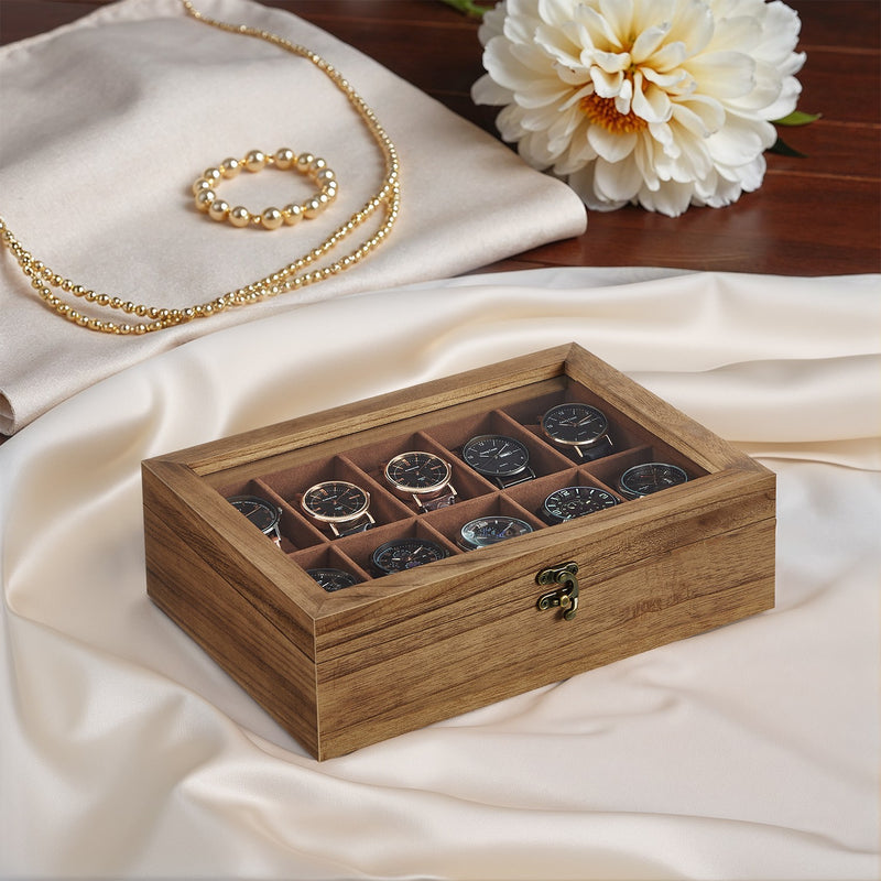 Wooden Watch Box with 10 Slots and Glass Lid Organiser for Men and Women by Songmics