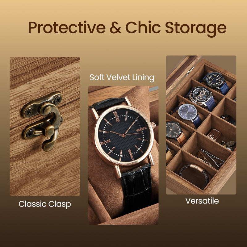 Wooden Watch Box with 10 Slots and Glass Lid Organiser for Men and Women by Songmics