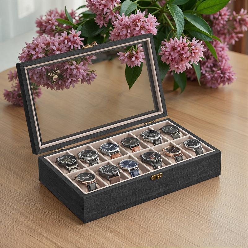 Solid Wood Watch Box with 12 Slots and Glass Lid for Display and Storage by Songmics