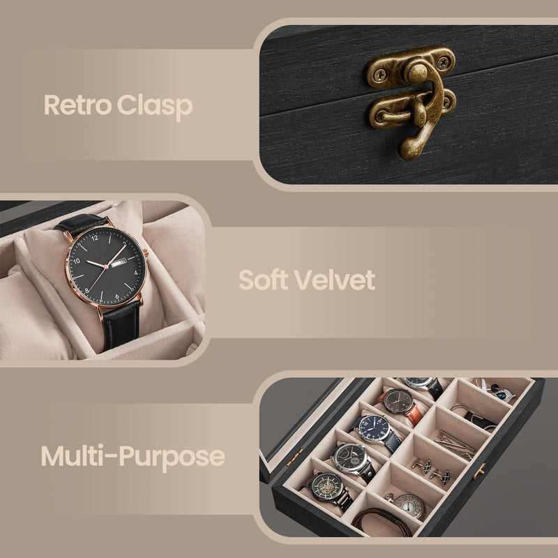 Solid Wood Watch Box with 12 Slots and Glass Lid for Display and Storage by Songmics