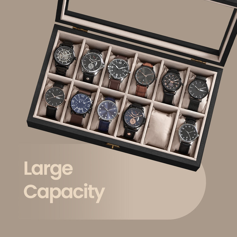 Solid Wood Watch Box with 12 Slots and Glass Lid for Display and Storage by Songmics