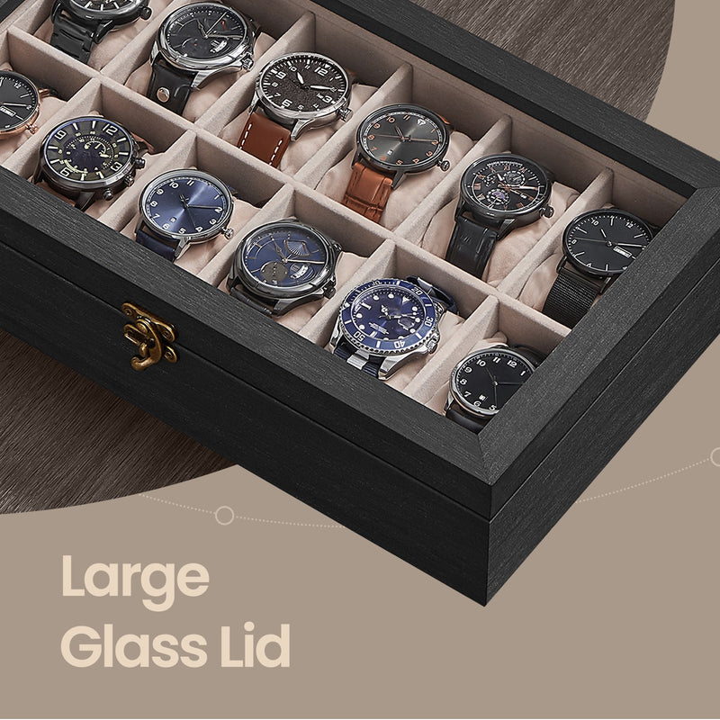 Solid Wood Watch Box with 12 Slots and Glass Lid for Display and Storage by Songmics