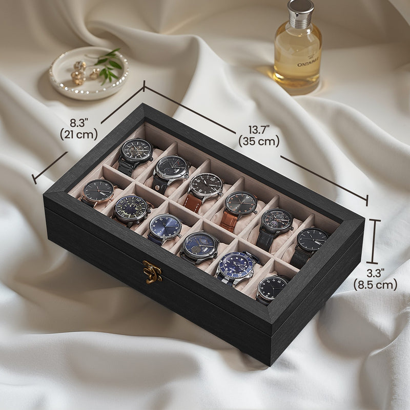 Solid Wood Watch Box with 12 Slots and Glass Lid for Display and Storage by Songmics