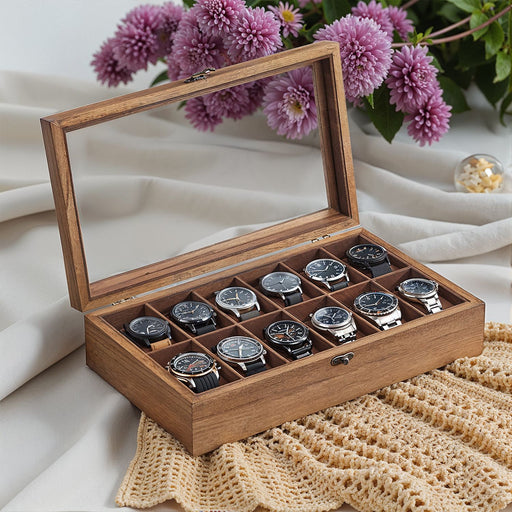 Solid Wood Watch Box with 12 Slots and Glass Lid Ideal Gift for Watch Lovers by Songmics