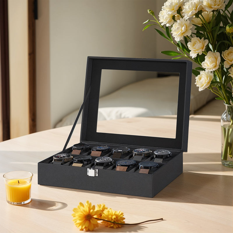 10 Slot Watch Box Organiser with Glass Lid and Removable Cushions for Men by Songmics