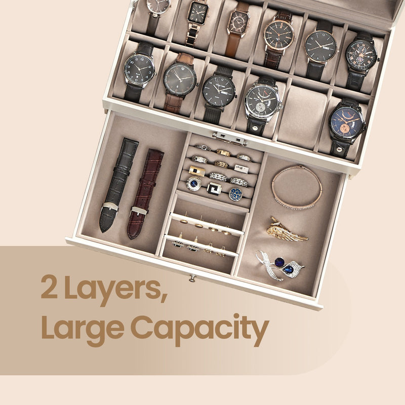 Lockable 12 Slot Watch Box with Glass Lid and Drawer for Organised Display by Songmics
