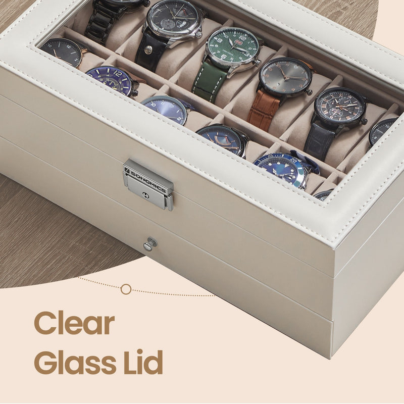 Lockable 12 Slot Watch Box with Glass Lid and Drawer for Organised Display by Songmics