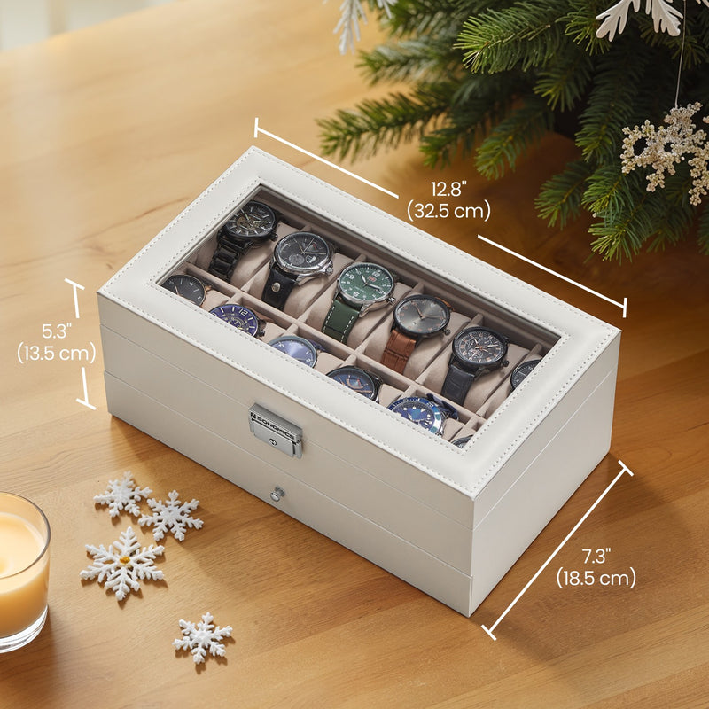 Lockable 12 Slot Watch Box with Glass Lid and Drawer for Organised Display by Songmics