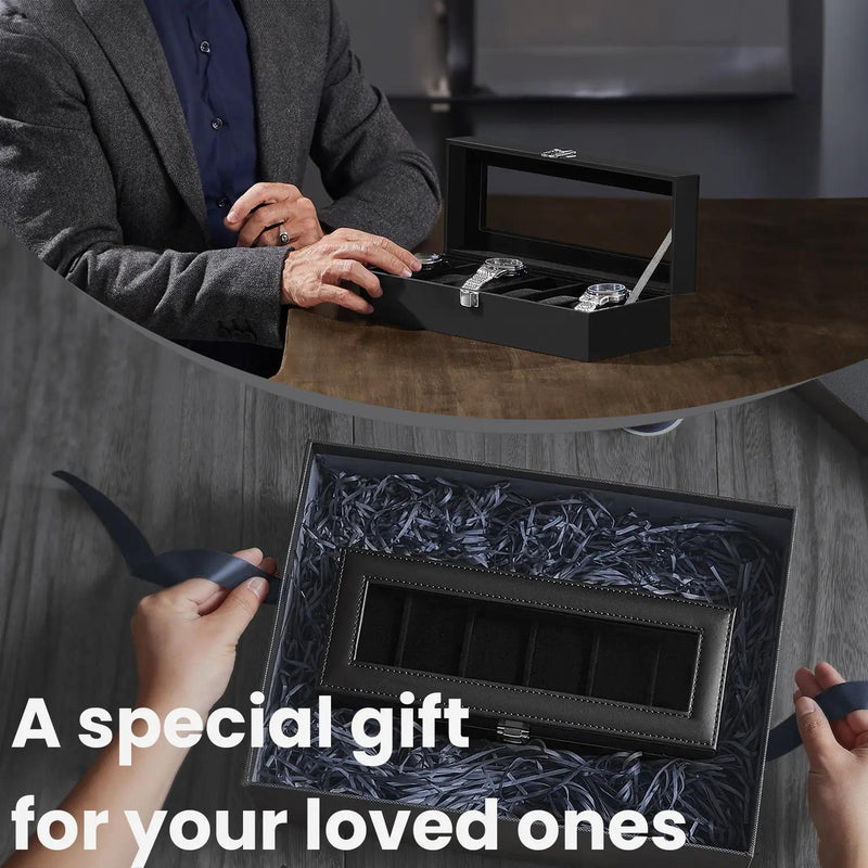 6 Slot Watch Box Organiser with Glass Lid and Removable Cushions for Men by Songmics
