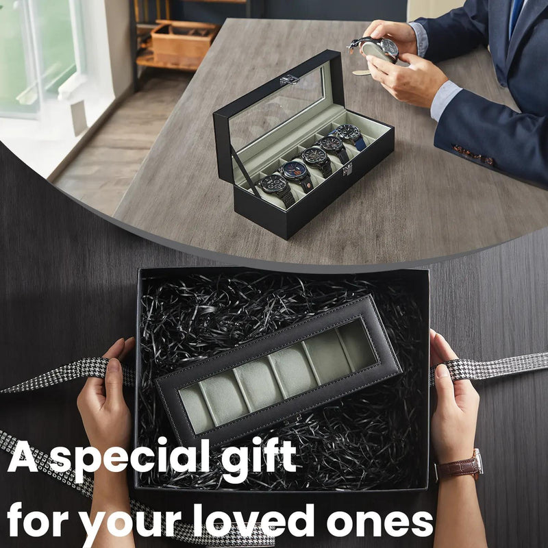 6 Slot Watch Box Organiser with Glass Lid and Removable Cushions for Display by Songmics