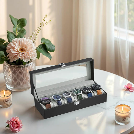 6 Slot Watch Box Organiser with Glass Lid and Removable Cushions for Display by Songmics