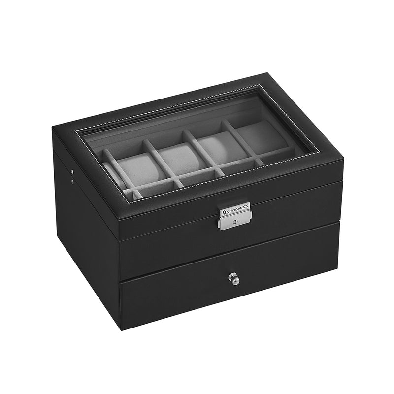 20 Slot Watch Box Organiser with Glass Lid and Faux Leather Finish by Songmics