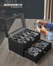 20 Slot Watch Box Organiser with Glass Lid and Faux Leather Finish by Songmics