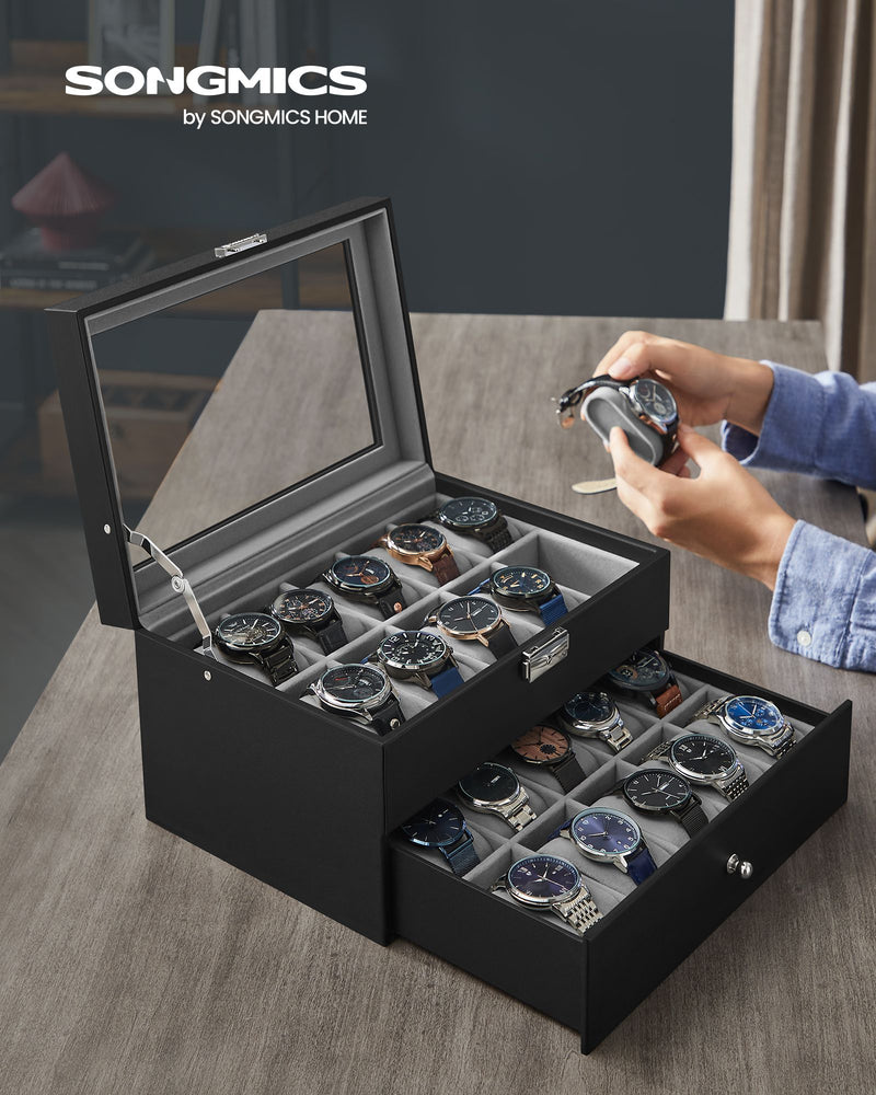 20 Slot Watch Box Organiser with Glass Lid and Faux Leather Finish by Songmics