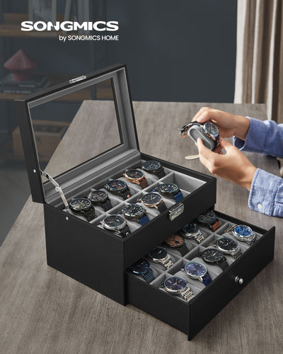 20 Slot Watch Box Organiser with Glass Lid and Faux Leather Finish by Songmics