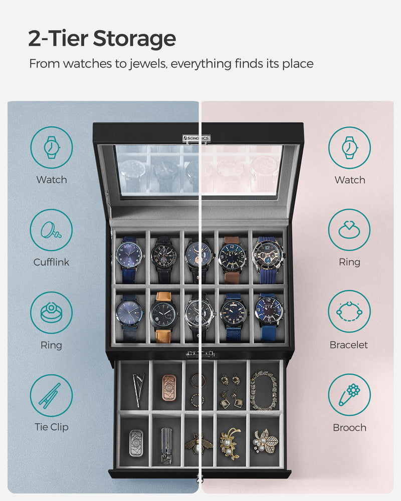 20 Slot Watch Box Organiser with Glass Lid and Faux Leather Finish by Songmics