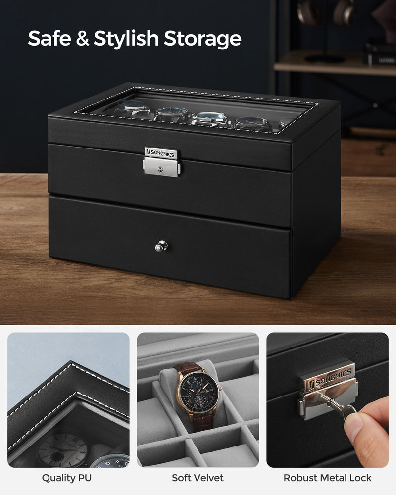 20 Slot Watch Box Organiser with Glass Lid and Faux Leather Finish by Songmics