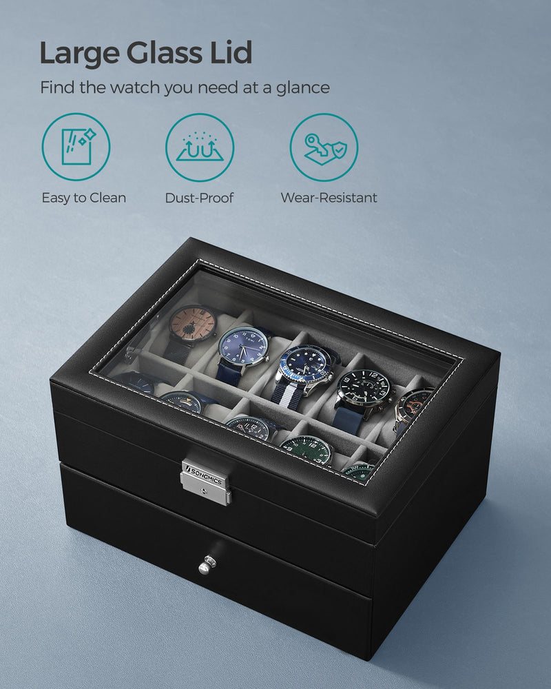 20 Slot Watch Box Organiser with Glass Lid and Faux Leather Finish by Songmics