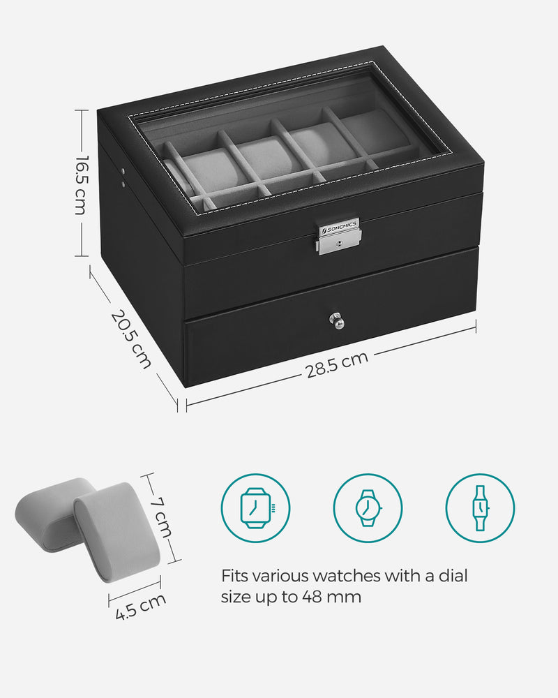 20 Slot Watch Box Organiser with Glass Lid and Faux Leather Finish by Songmics
