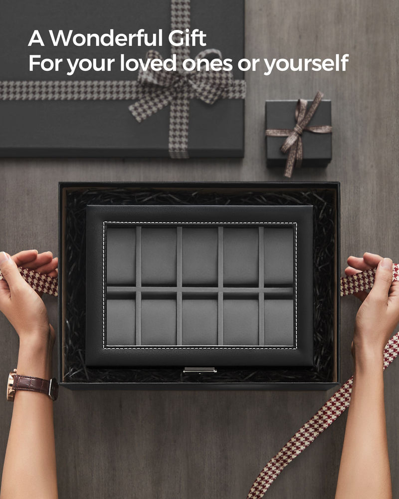 20 Slot Watch Box Organiser with Glass Lid and Faux Leather Finish by Songmics