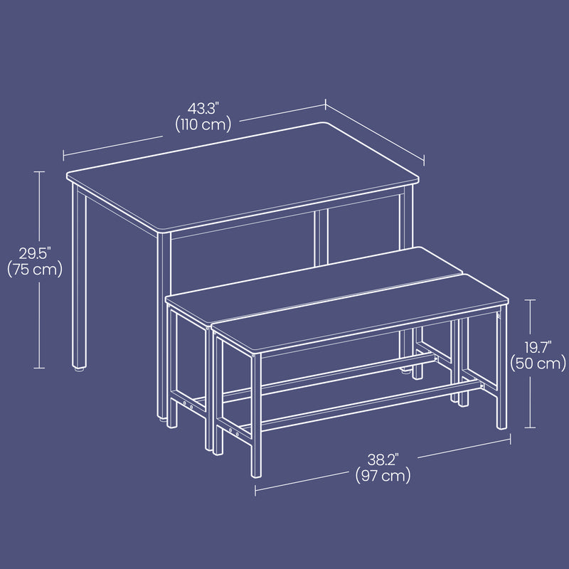 Dining Table and Bench Set for 3 Rustic Wood and Steel Kitchen Dining Set by Vasagle