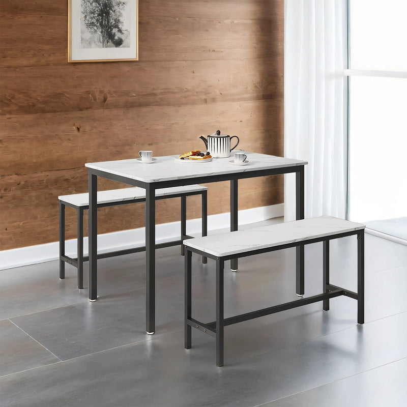 Marble-effect dining set against a wood-panelled wall with a teapot