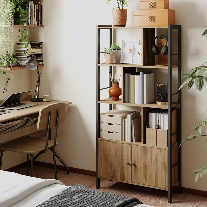 Large Wooden Bookshelf with Doors and Open Storage for Home Office or Living Room by Vasagle