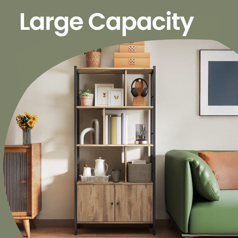 Large Wooden Bookshelf with Doors and Open Storage for Home Office or Living Room by Vasagle