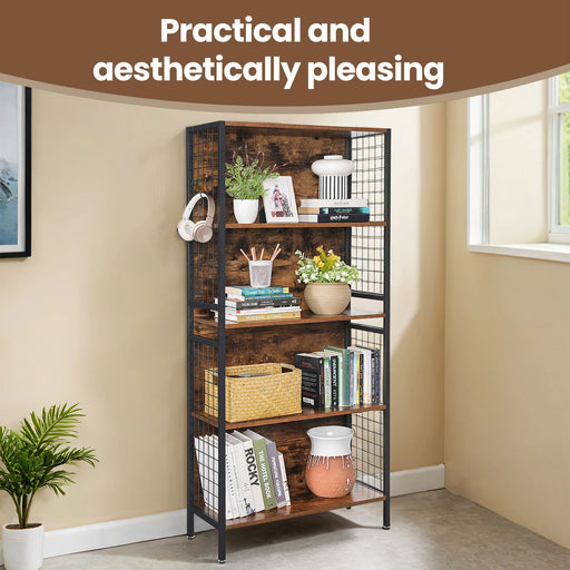 4 Tier Industrial Bookshelf with Hooks and Storage Shelves for Home Office by Vasagle