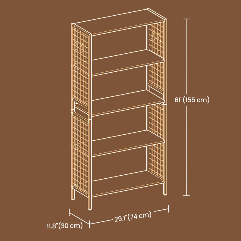 4 Tier Industrial Bookshelf with Hooks and Storage Shelves for Home Office by Vasagle
