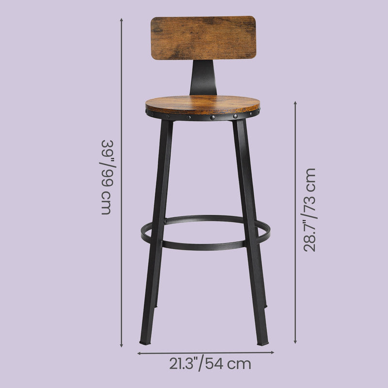 Set of 2 Bar Stools with Backrest Brown and Black Bar Height Chairs for Kitchen Dining by Vasagle VASAGLE