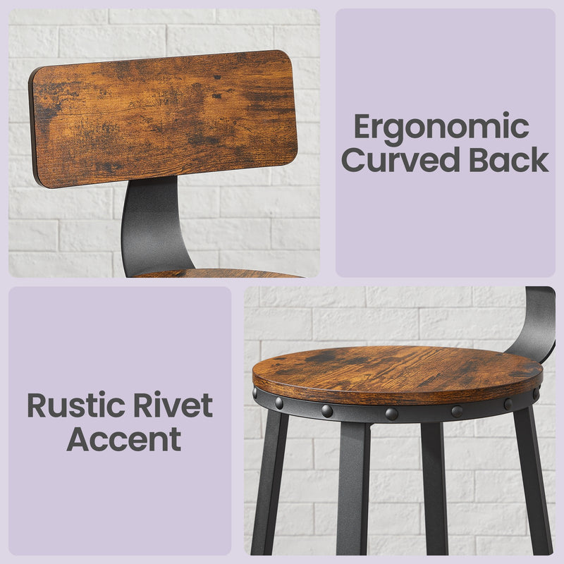 Set of 2 Bar Stools with Backrest Brown and Black Bar Height Chairs for Kitchen Dining by Vasagle VASAGLE