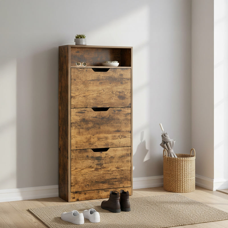 Slim 3 Flip Door Shoe Cabinet For Entryway Stores 14 to 18 Pairs Space Saving Design