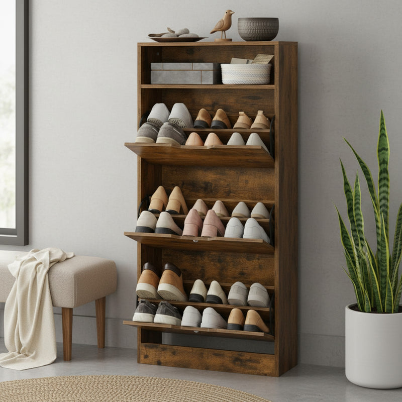 Slim 3 Flip Door Shoe Cabinet For Entryway Stores 14 to 18 Pairs Space Saving Design