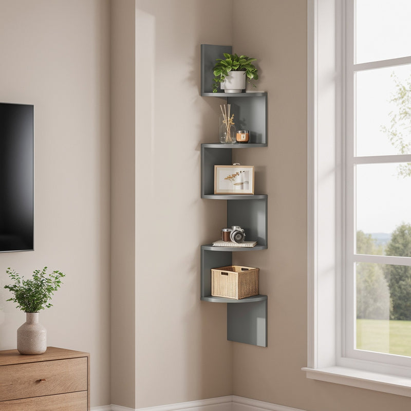 5 Tier Wall Mounted Corner Shelf Floating Bookshelf for Bedroom or Living Room by Vasagle