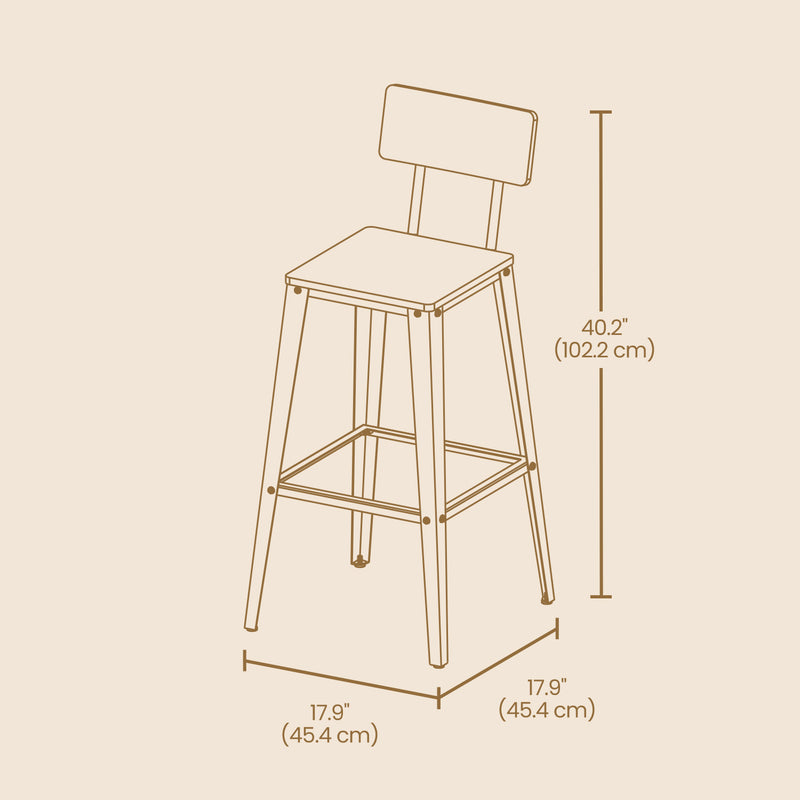 Set of 2 Tall Bar Stools with Backrest for Kitchen Island or Home Bar by Vasagle