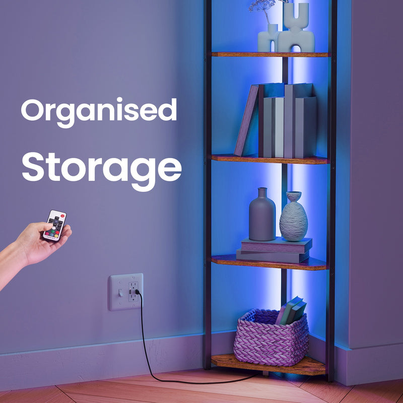 5 Tier Corner Bookcase with Adjustable LED Lights for Living Room or Bedroom by Vasagle