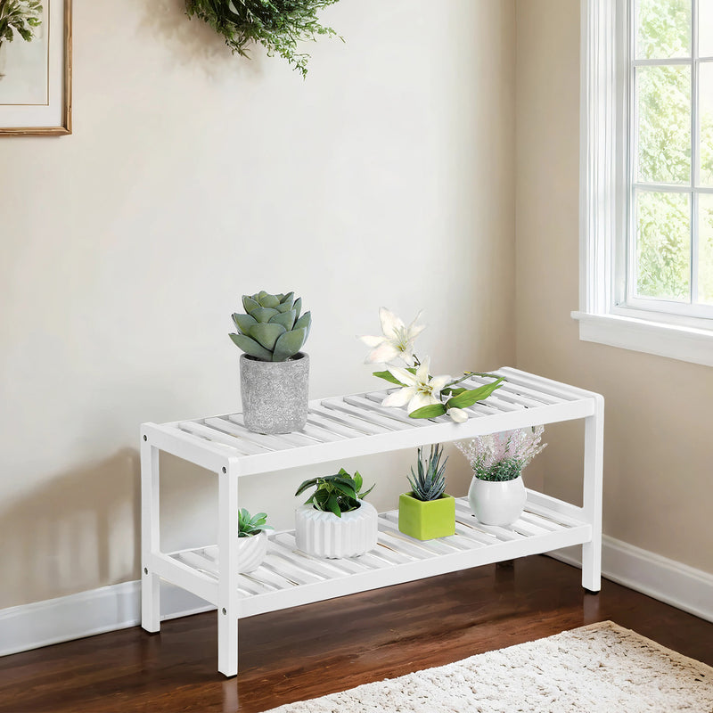 Natural Bamboo 2 Tier Shoe Rack and Storage Shelf for Shoes Books Plants by Songmics
