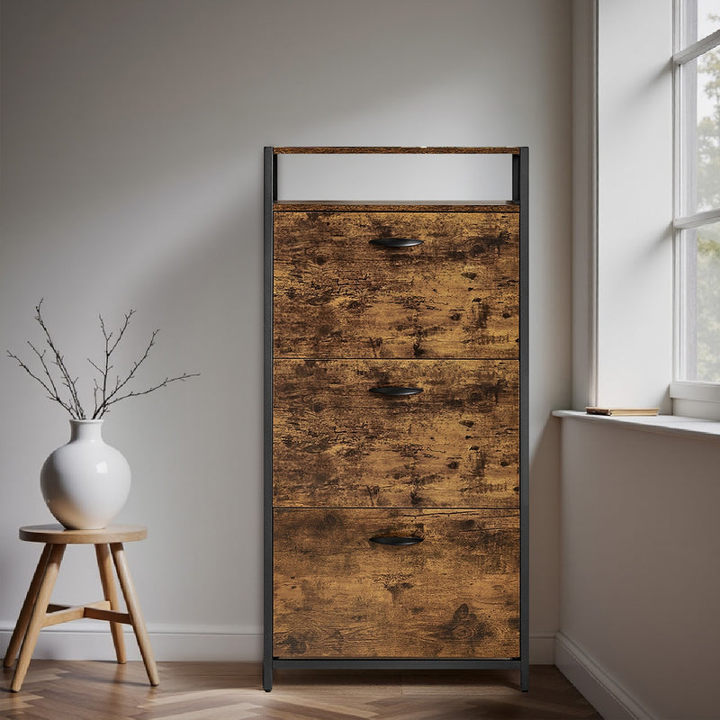 Narrow Shoe Storage Cabinet For Hallway 3 Flip Drawers Adjustable Dividers Holds 18 Pairs, 60x30x130cm