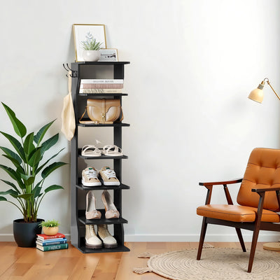 7 Tier Vertical Shoe Rack with Hooks Slim Narrow Storage Tower for Entryway by Vasagle