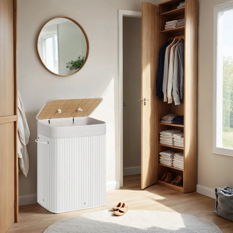 Foldable Bamboo Laundry Hamper with Lid and 3 Handles 72L Storage Basket by Songmics