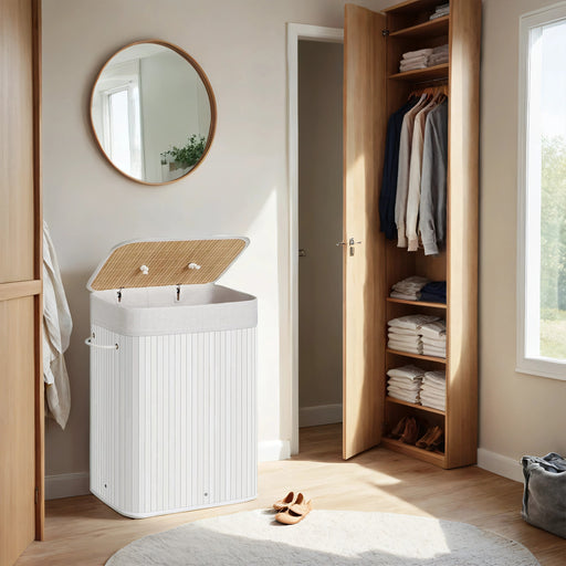 Foldable Bamboo Laundry Hamper with Lid and 3 Handles 72L Storage Basket by Songmics