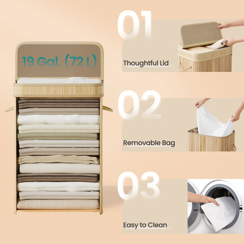 Bamboo Laundry Hamper with Lid and Removable Liner for Bedroom or Bathroom by Songmics