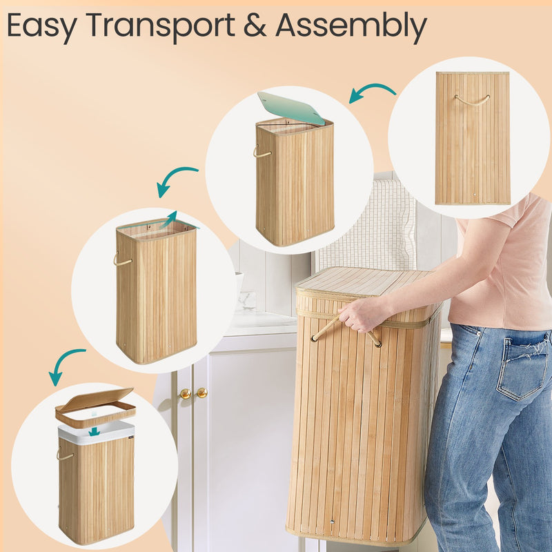 Bamboo Laundry Hamper with Lid and Removable Liner for Bedroom or Bathroom by Songmics