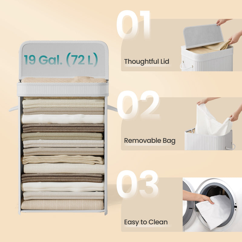 Bamboo Laundry Hamper with Lid and Removable Liner for Bedroom or Bathroom by Songmics