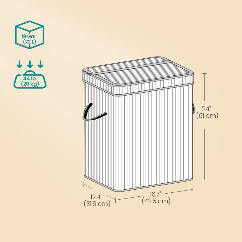 Bamboo Laundry Hamper with Lid and Removable Liner for Bedroom or Bathroom by Songmics