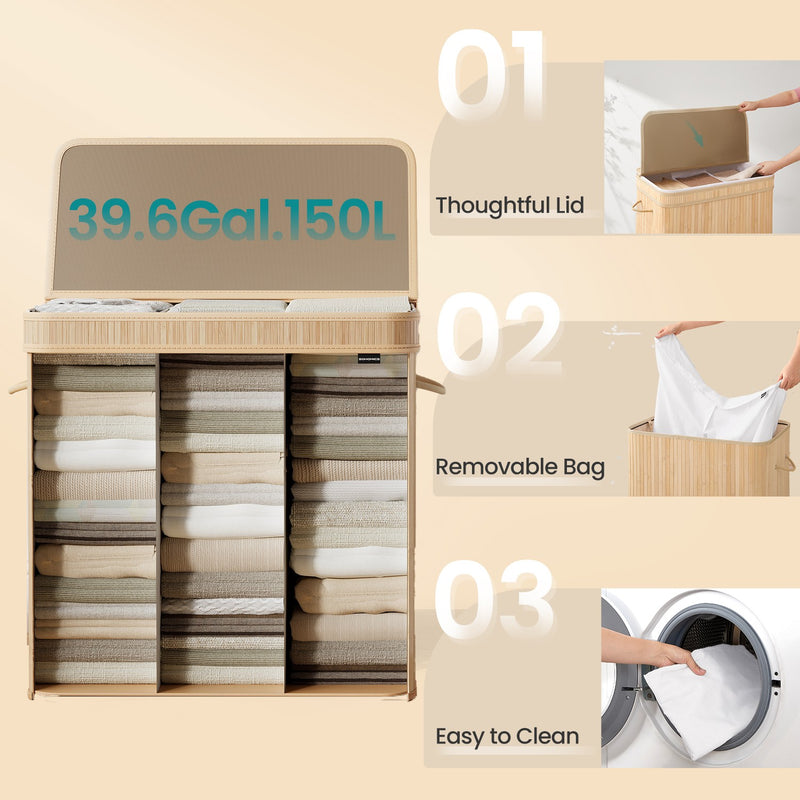 Bamboo Laundry Hamper with Lid and Removable Liner for Bathroom or Bedroom by Songmics