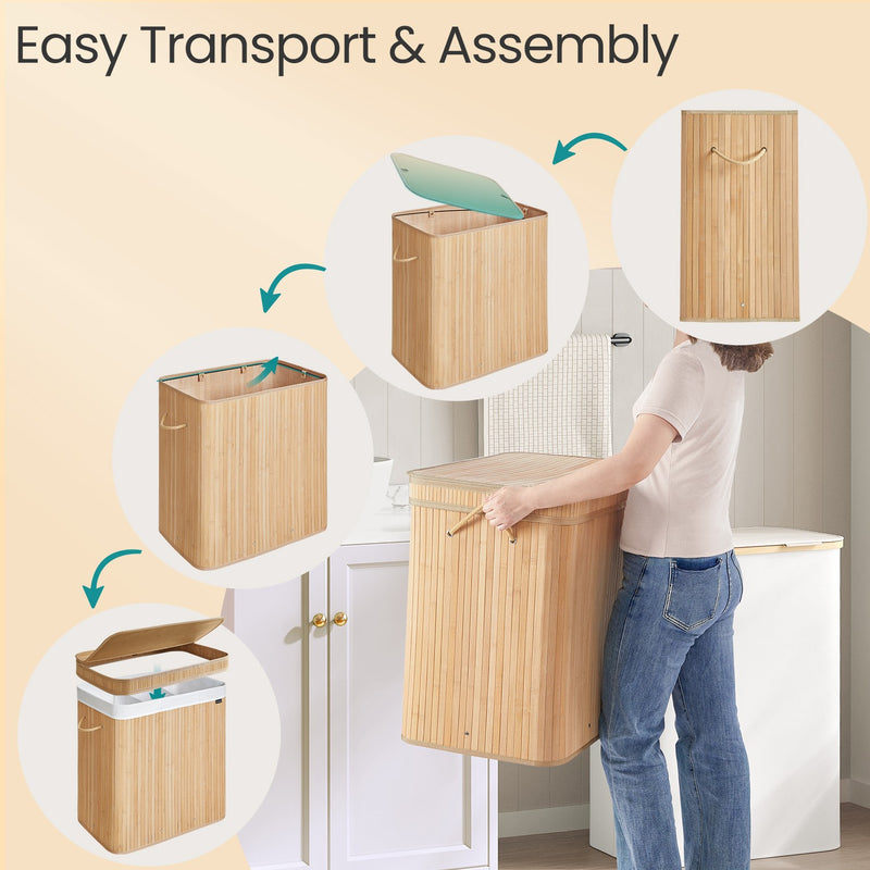 Bamboo Laundry Hamper with Lid and Removable Liner for Bathroom or Bedroom by Songmics